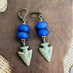Artisan Antiqued Brass Arrow Spear Point Purple Howlite Dangle Pierced Earrings